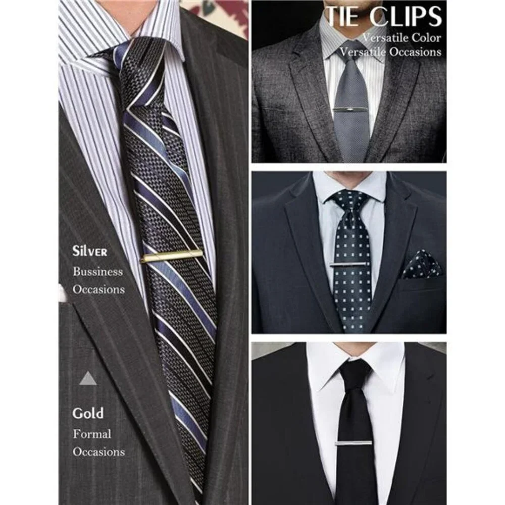 Men's tie clip and cufflink set silver gold black formal tuxedo shirt gift box
